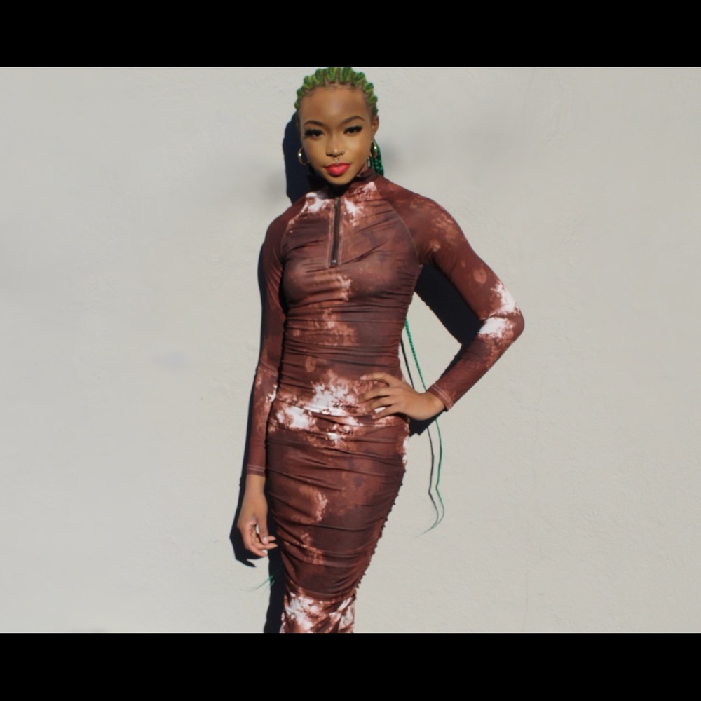 Tie Dye print Long Sleeve bodycon Midi Dress - Picture 2 of 3